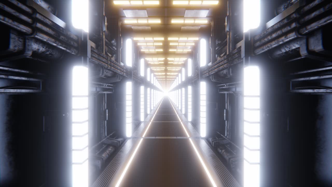 Illuminated hallway of futuristic spaceship. 3d infinite loop