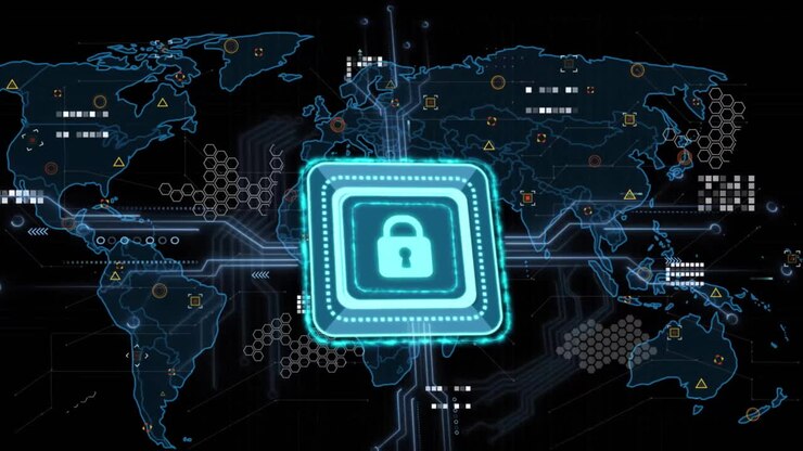 Animation of padlock icon and data processing with circuit board