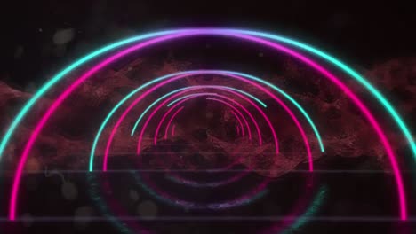 animation of tunnel of blue and pink neon semi circles moving over pink mist on black background