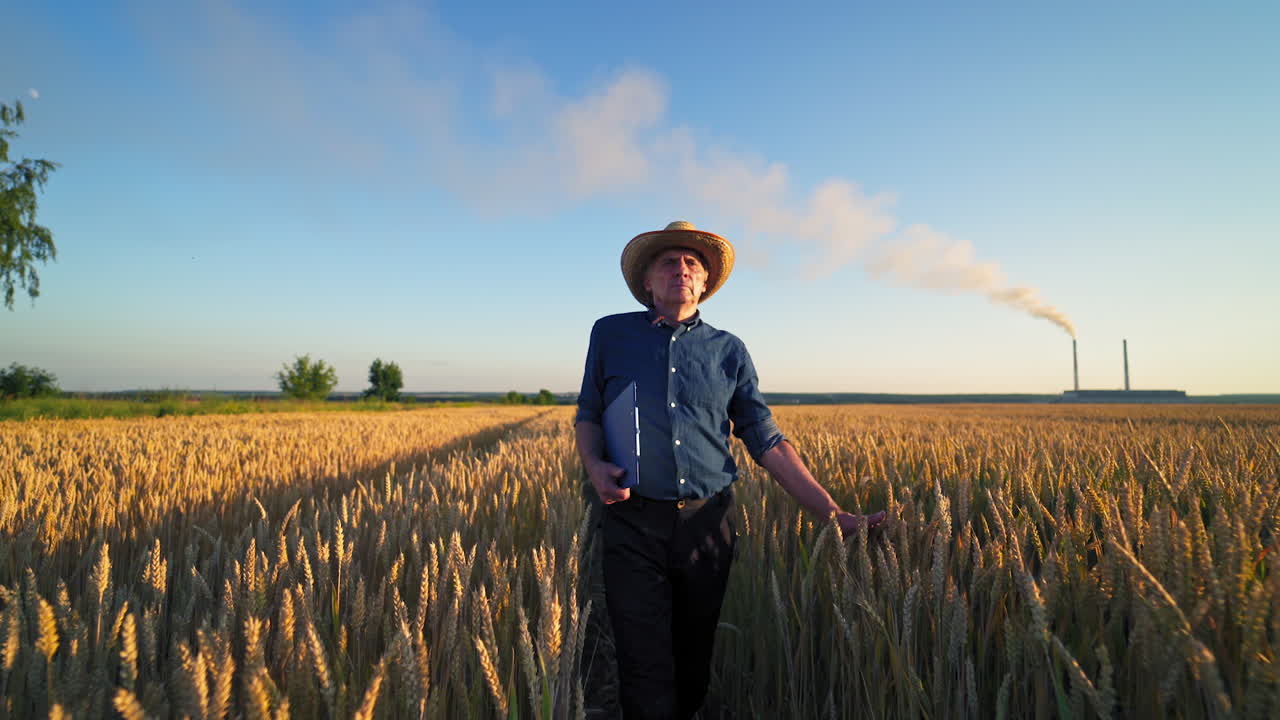 Farmer in agricultural land. Elderly man in hat with a folder walking inside the field and looking at ripe wheat plants in summer.