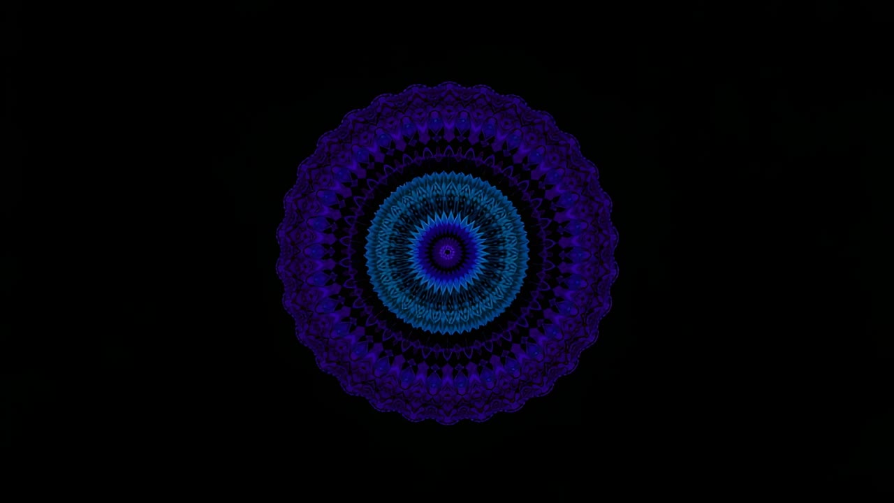 Appearing circular blue-purple fractal mandala at center of black void, maintaining hypnotic effect