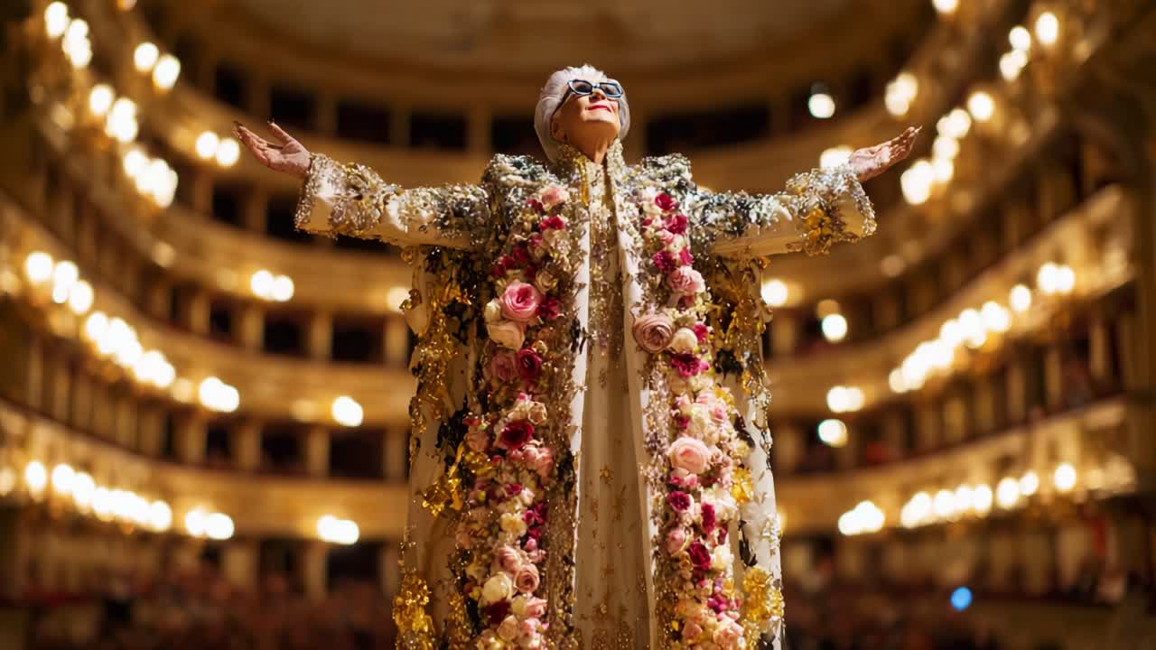 A stunning performer adorned in elaborate floral attire captivates the audience in a beautifully lit opera house, radiating elegance and grace through an enchanting stage presence