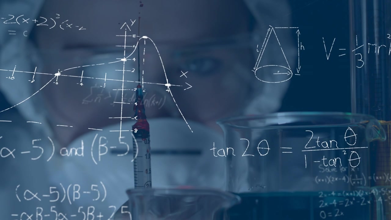 Animation of mathematical formulas over scientist in laboratory