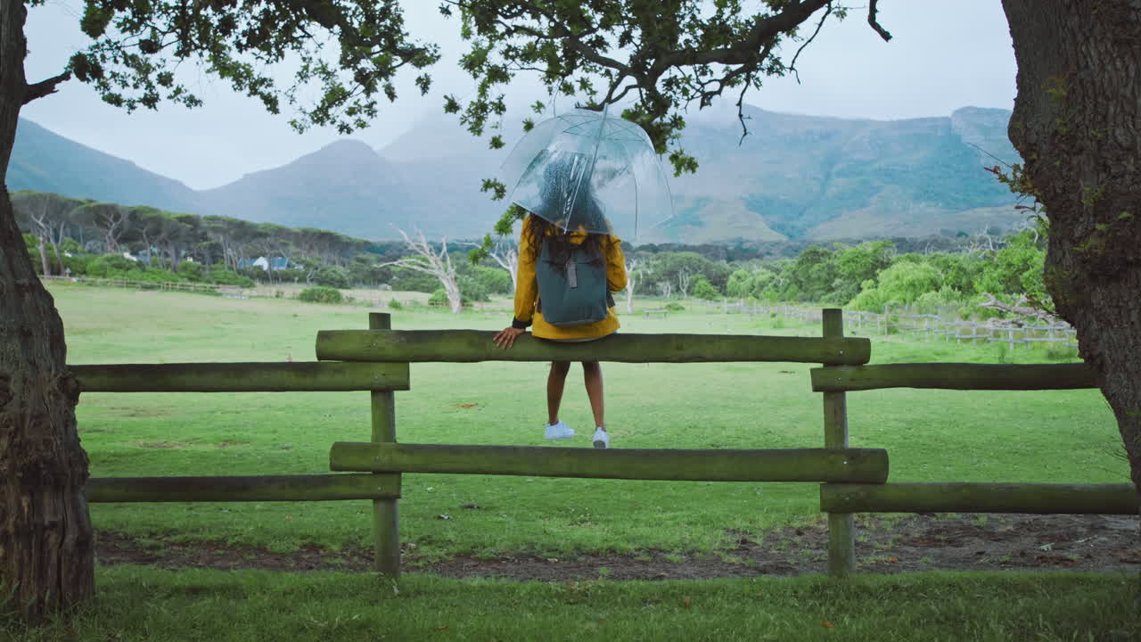 비, 우산과 시골의 울타리에 있는 소녀