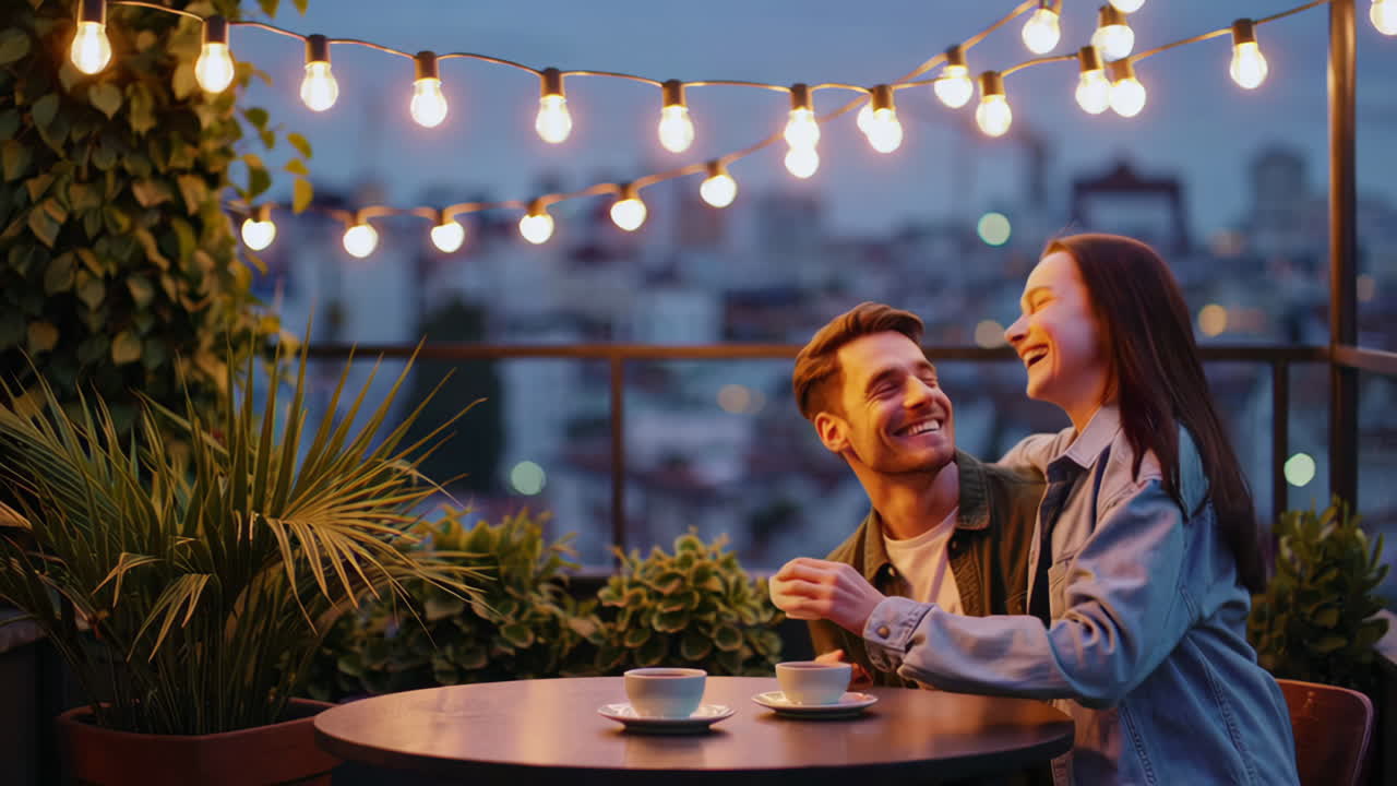 Romantic Couple Enjoying a Rooftop Date Night