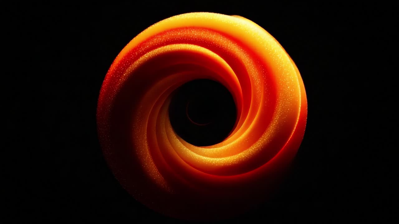 A mesmerizing swirling vortex of orange and yellow light, set against a deep black background, creating a stunning visual representation of motion and energy in artistic form