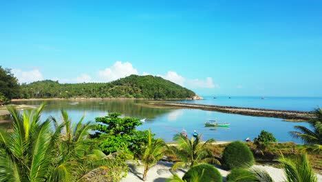 Peaceful-vacations-resort-garden-with-palms-and-decorative-trees-on-white-sand-washed-by-calm-lagoon-with-fishing-boats-floating-in-Thailand