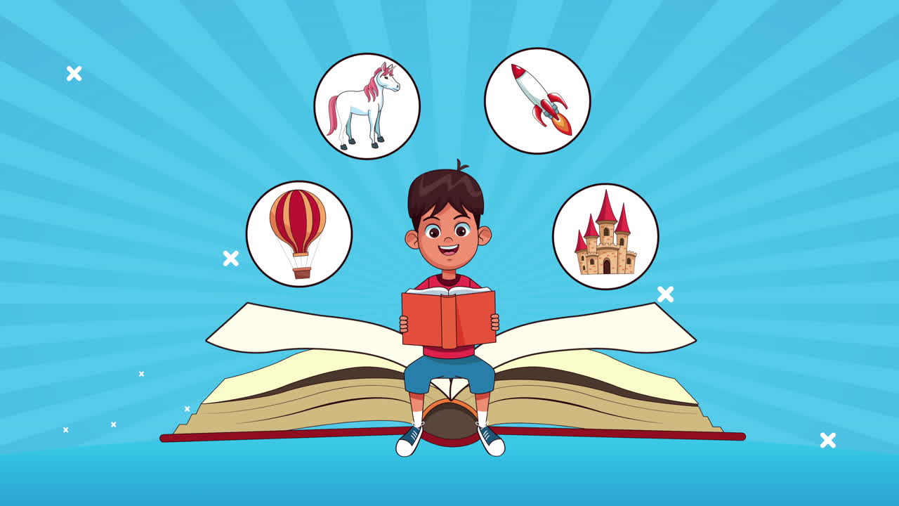 niño estudiante leyendo un libro con iconos de fantasía establecidos