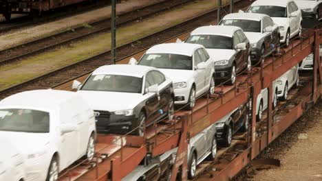 Handheld-camera-captures-a-train-in-motion-from-left-to-right,-carrying-multiple-white-cars-veiled-in-protective-plastic-along-a-multi-track-brown-railway-amidst-green-trees-and-shrubbery