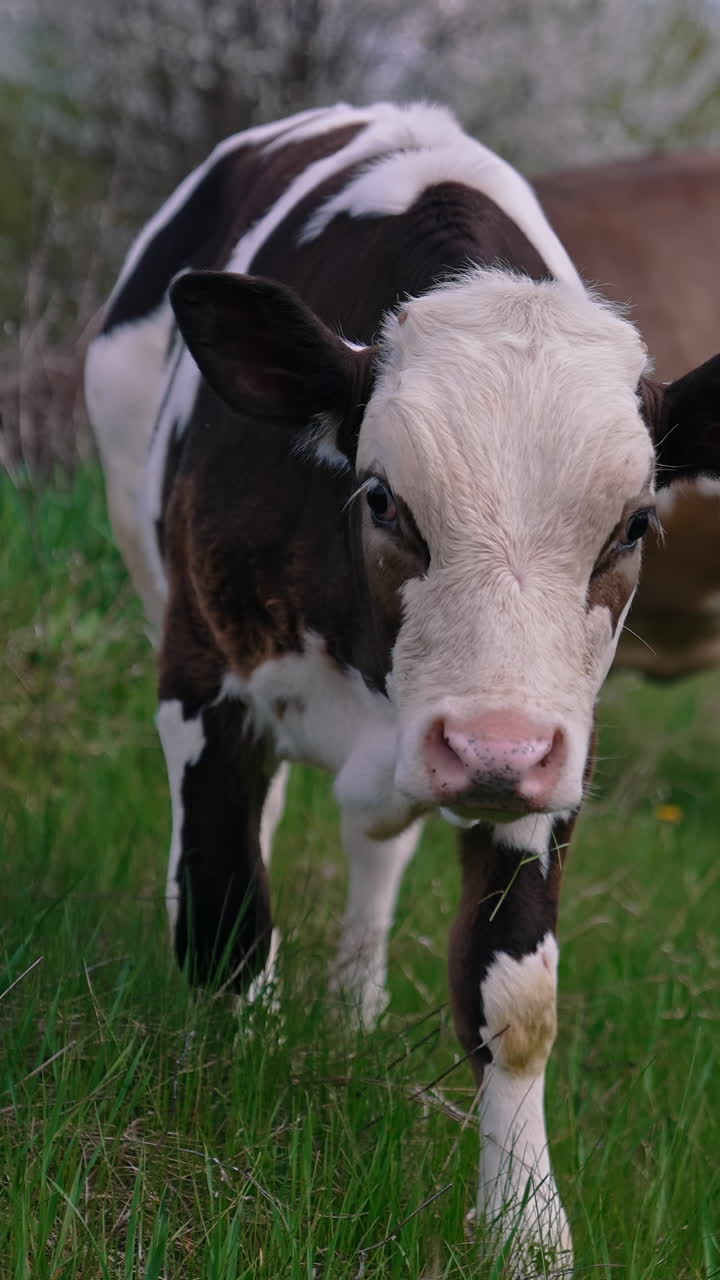 Cows on pasture. Calf and a dairy cow eating green grass. Domestic animals on a meadow. Young black and white calf walking on pasture in spring. Vertical video