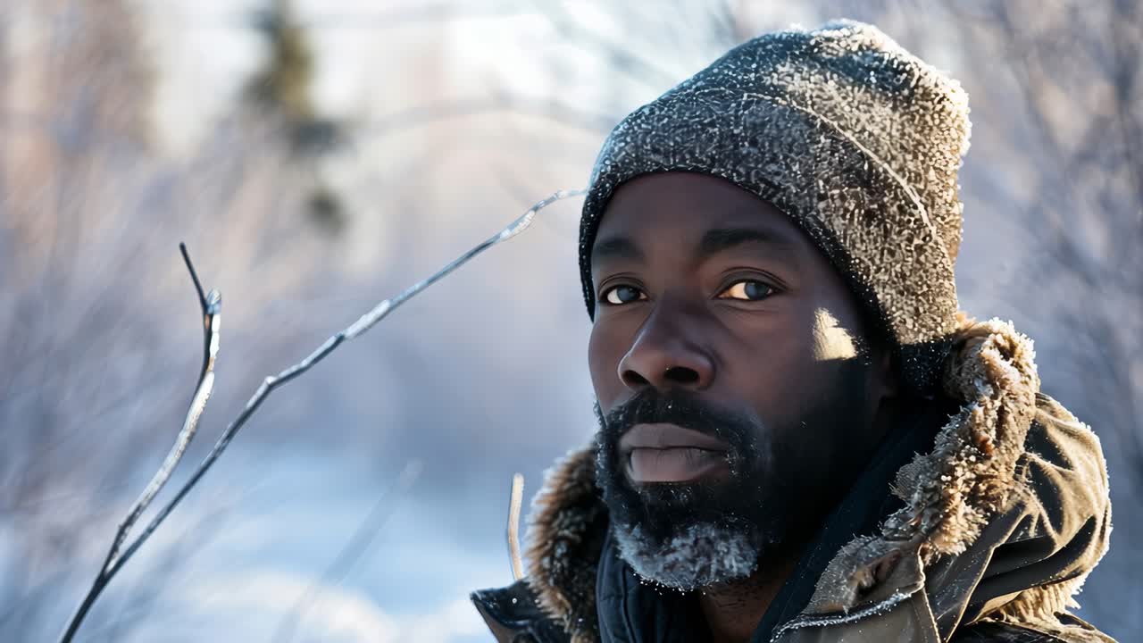 Portrait of a black man wearing a wool hat and a winter jacket, with frozen beard and eyebrows, looking away in a snowy forest with a blurred frozen branch in the foreground