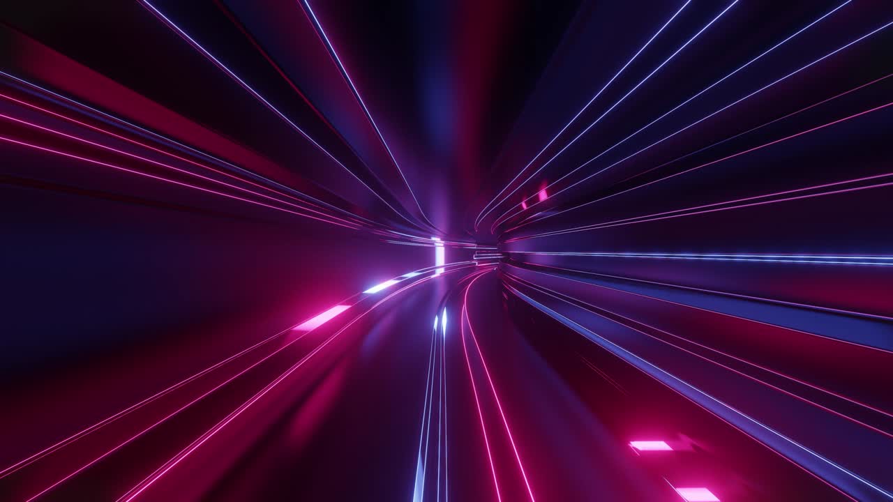 Tunnel astratto high-tech in loop 4K con luci al neon, la telecamera vola attraverso il tunnel, luci al neon viola sfarfallano. Sfondo sci-fi in stile cyberpunk o futuro high-tech. Sfondo futuristico 8