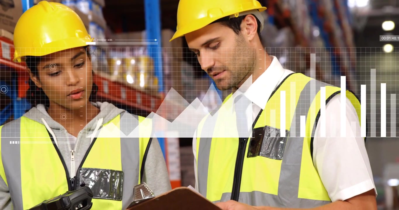 Vertical video: Team scanning item in depot, scanner showing graphs over racks while checking list