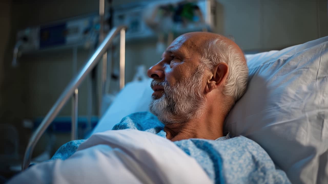 Anziano giace in letto d'ospedale, occhi chiusi. Riposa in una luce soffusa, respirando con calma. Gli occhi si aprono leggermente, mostrando una forza silenziosa. Sembra in pace, forse riposa o sogna.