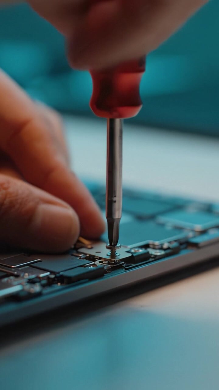 Close-Up DIY Repair of Electronic Circuit Board with a Screwdriver, Focused on Precision and Technical Skill to Enhance Gadgets and Devices Effectively