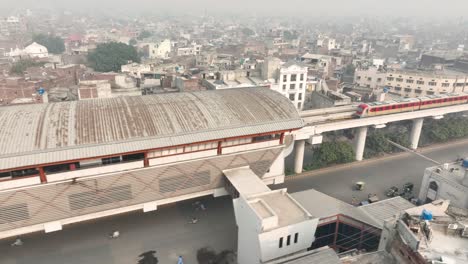 aerial drone above main train line public transport of lahore, pakistan