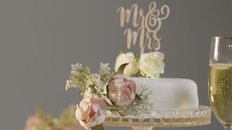 Wedding Cake With Glasses Of Champagne Against Grey Studio Background At Wedding Reception 2