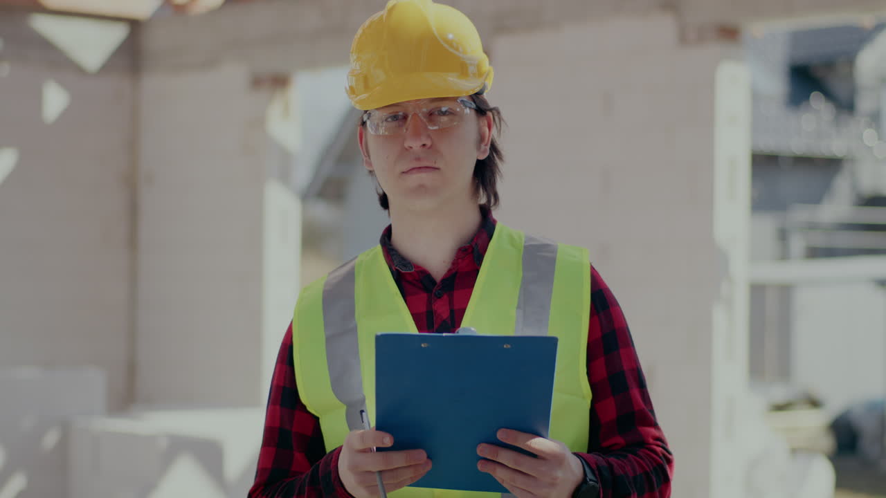 Portrait of confident young male contractor wearing hardhat and reflective clothing holding clipboard at construction site
