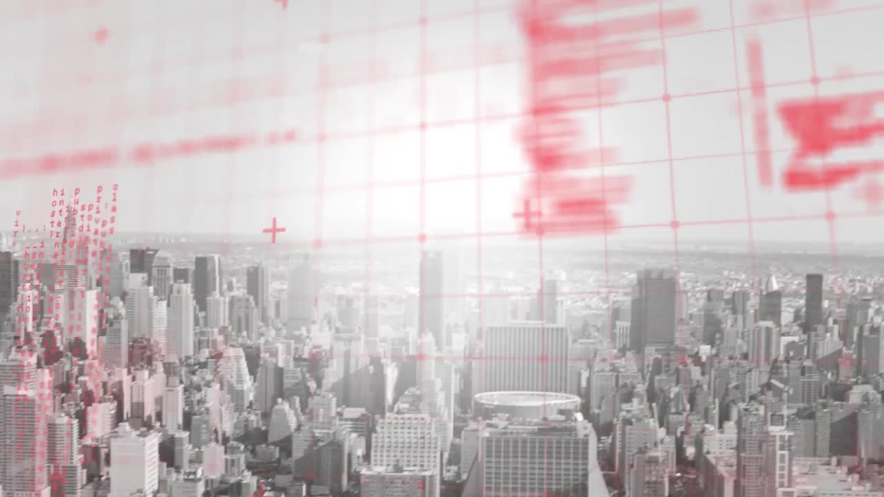 도시 풍경 위의 그리드에서 데이터 처리의 애니메이션