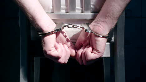 medium dolly shot of a man sitting in a chair with his hands cuffed behind is back