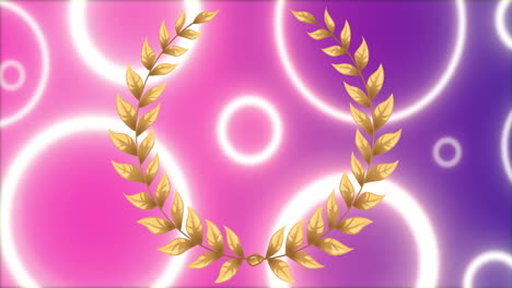 golden laurel wreath animation over pink and purple background with glowing circles