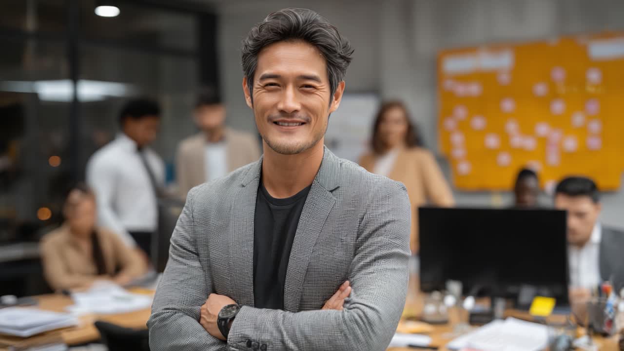 Empresario seguro sonriendo en un entorno de oficina moderno rodeado de colegas, mostrando espíritu de equipo y profesionalismo en un ambiente colaborativo.