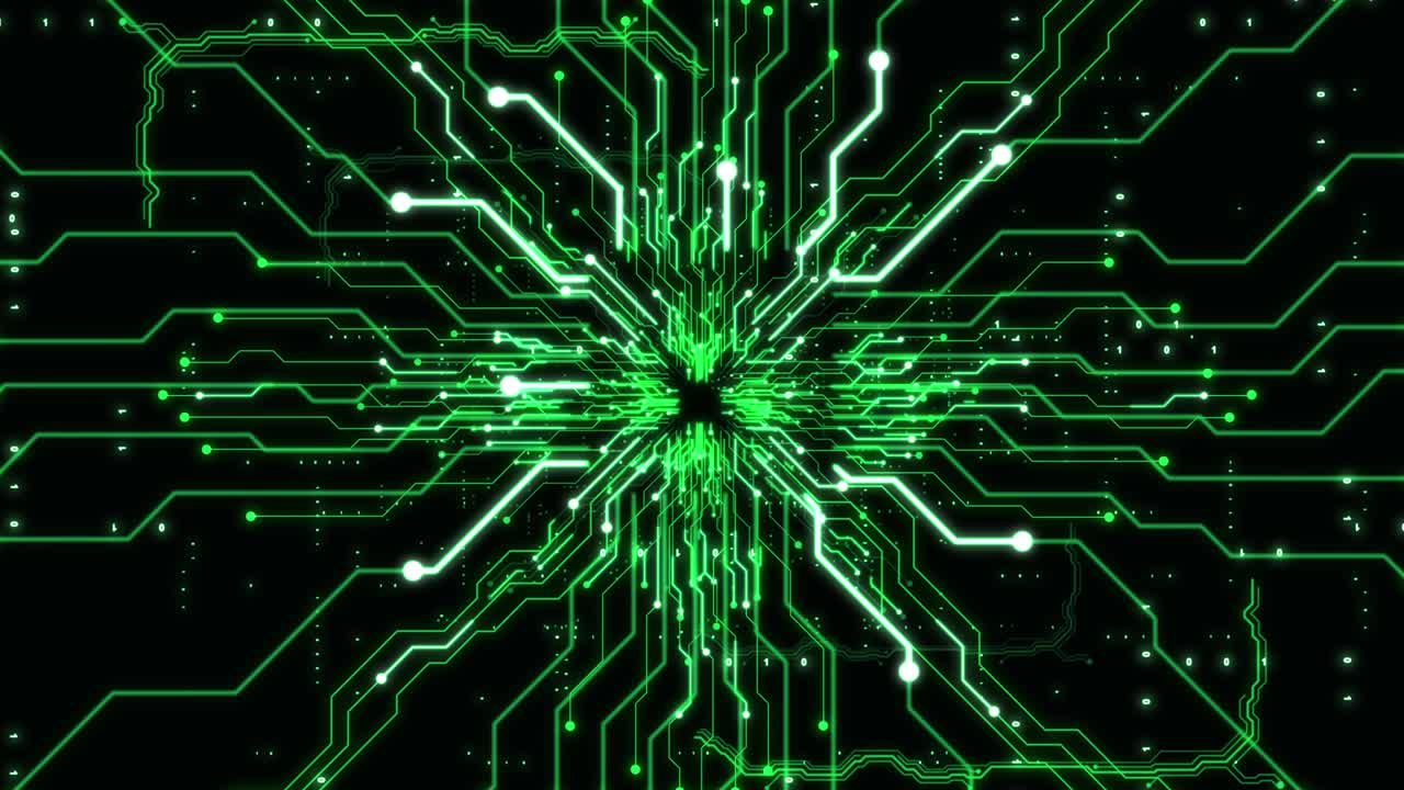 Abstract digital technology tunnel animation with circuit board. Futuristic green seamless loop background.