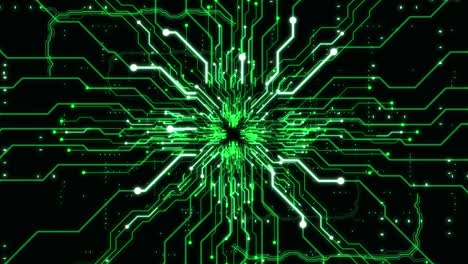 abstract digital technology tunnel animation with circuit board. futuristic green seamless loop background.