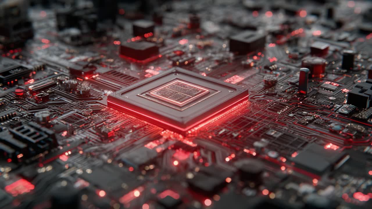 Et fantastisk nærbillede af en højteknologisk mikrochip omgivet af et netværk af indviklede elektroniske komponenter oplyst i rødt, der fremviser moderne computerteknologi.