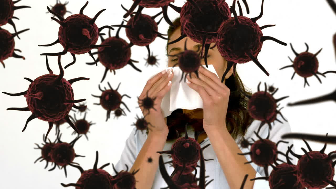 Animazione di coronavirus marrone con donna malata sullo sfondo