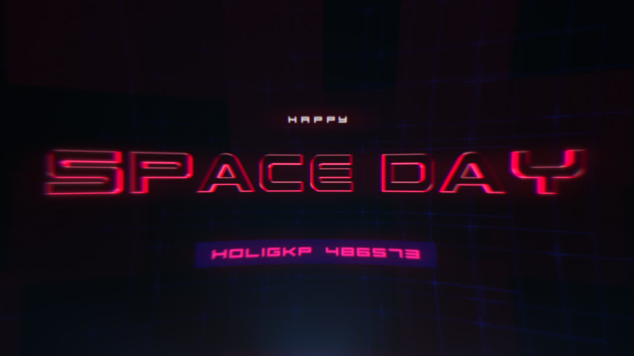 Testo dinamico "Space Day" con linee a griglia rosse al neon che illuminano il poster del festival