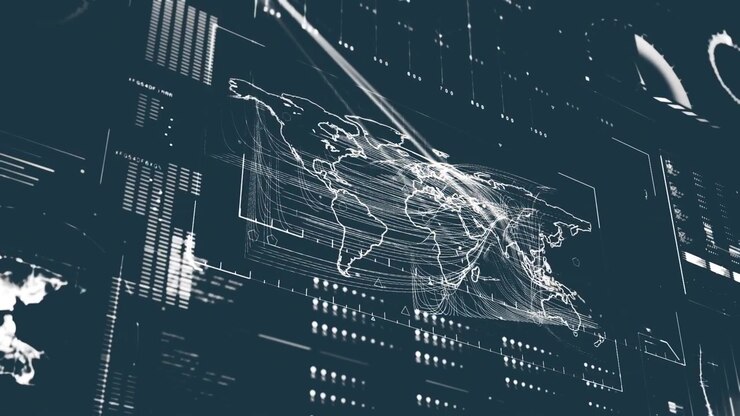 Animation of digital data processing over dark background