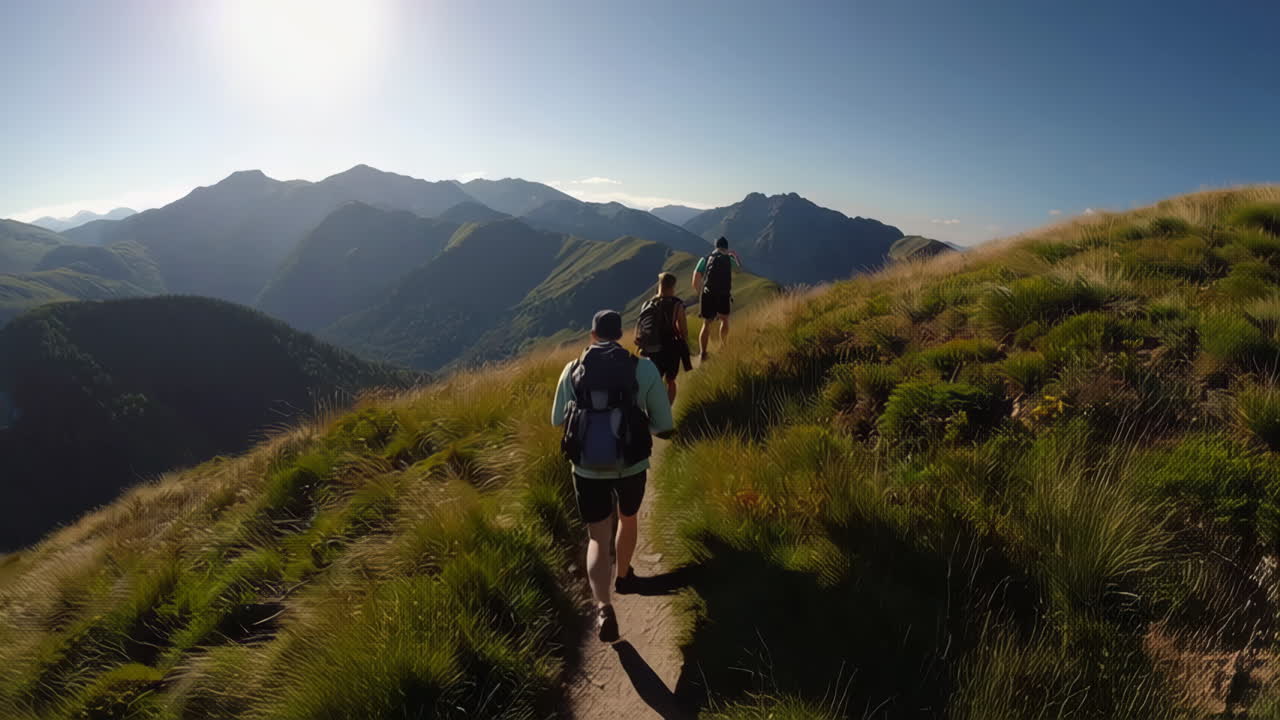 Three Hikers Trekking Along a Scenic Mountain Ridge