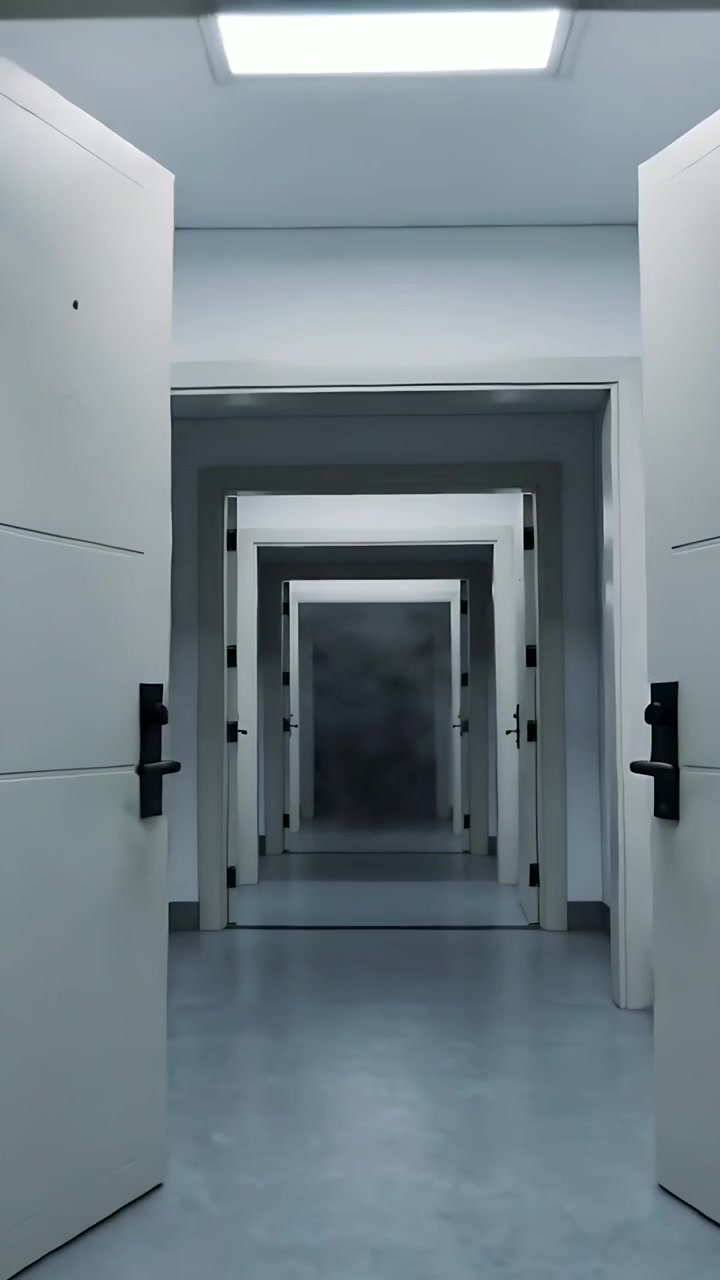 Dikey video: Atriyumda spiral merdivenin yanından geçen hareketli kamera, çift kapıları açarak holü gösteriyor.