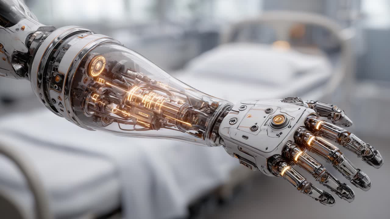 Futuristic Robotic Hand: A Close-Up Examination of an Advanced Prosthetic Arm with Intricate Mechanics and a Sleek Design, Set Against a Background of Medical Equipment