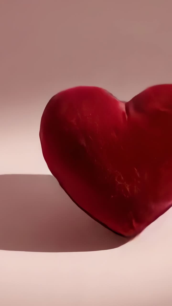 Video verticale: cuore di velluto rosso che scivola da destra sul pavimento rosa, centrato per la visualizzazione