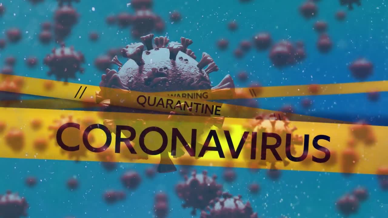 노란색 경찰 테이프와 코로나19 개념 텍스트가 파란색 배경의 여러 코로나19 세포에 대항합니다.