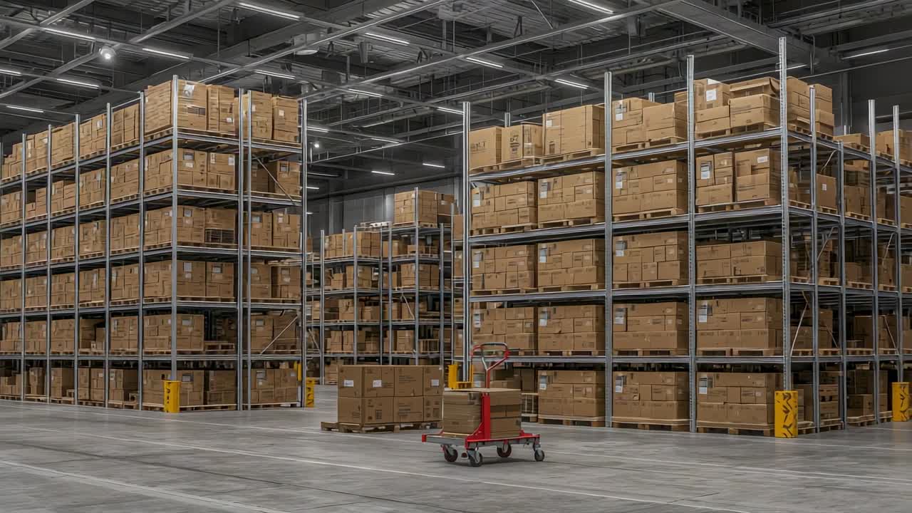 Showing red pallet jack holding wooden pallet with cardboard boxes in warehouse, with tall shelving