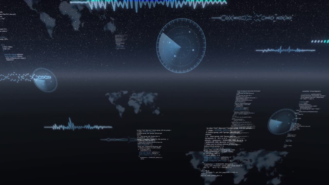 Animation of data processing, world maps and statistics recording over universe