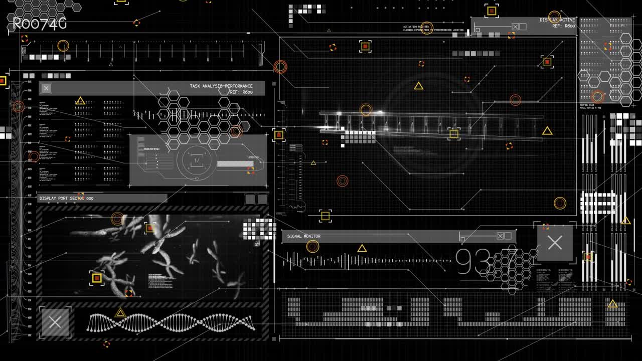Animation of scientific data processing on black digital screen