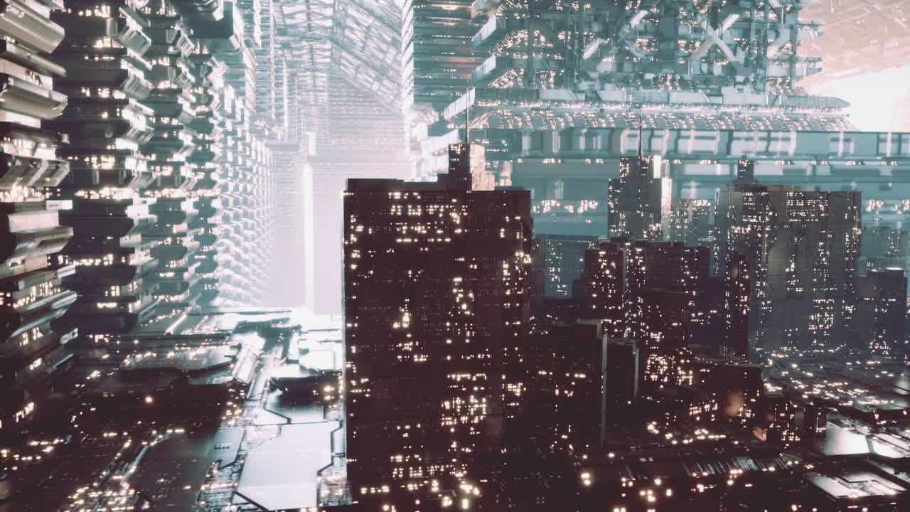 빛나는 마천루와 떠다니는 구조물이 있는 미래의 도시