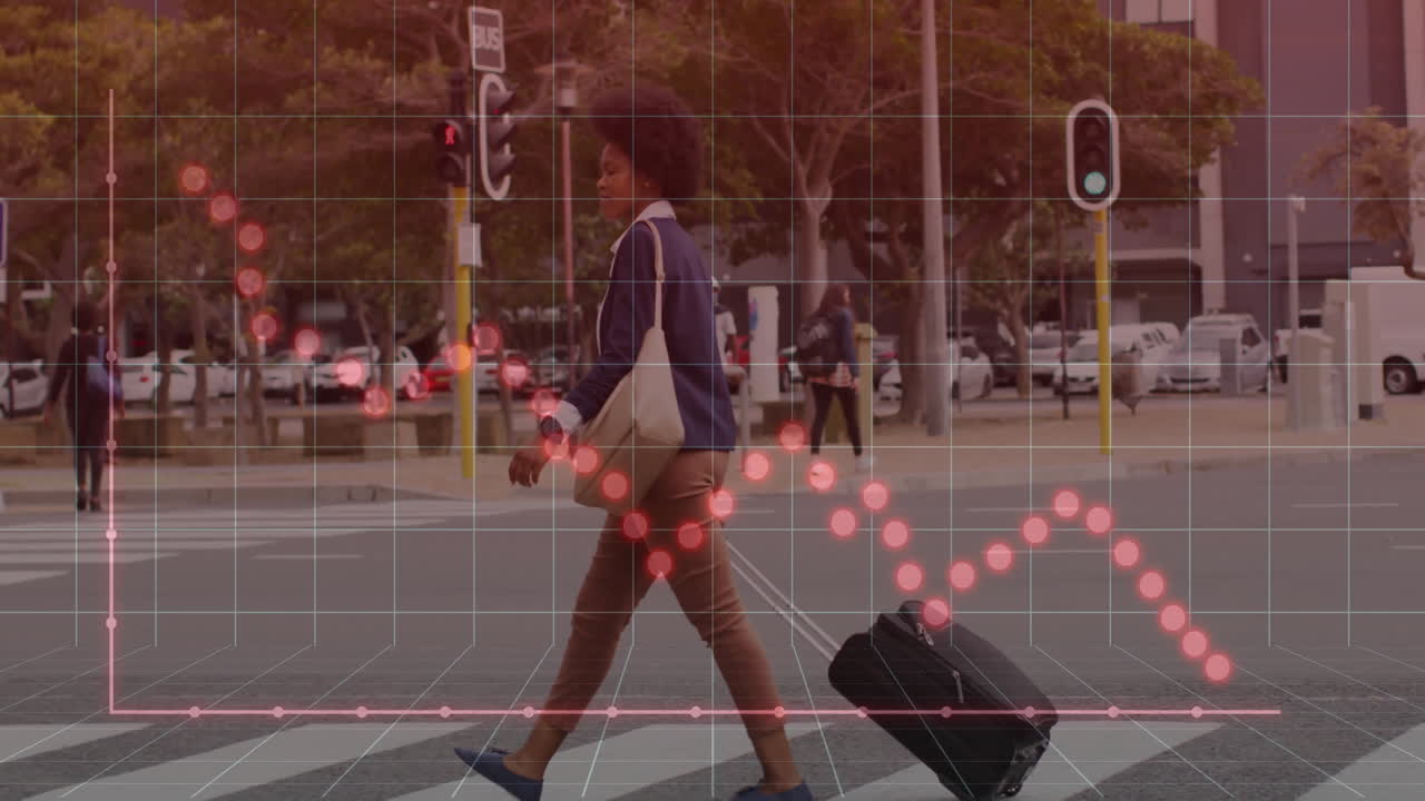 Businesswoman walking across zebra-striped crosswalk, showcasing technology data grid with red plot