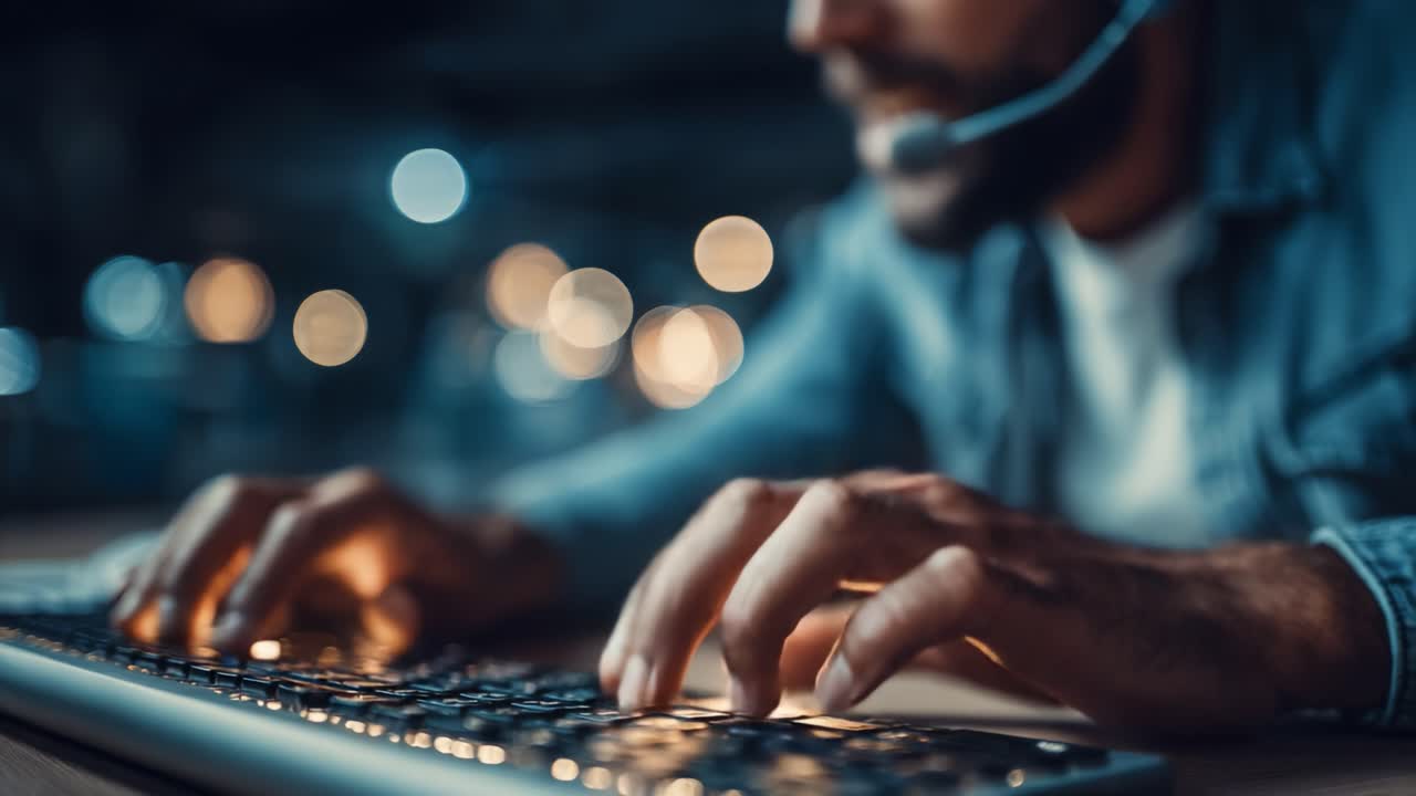 Focused individual using a keyboard while engaged in communication, showcasing the nuances of remote work and the dynamics of modern technology in a captivating environment