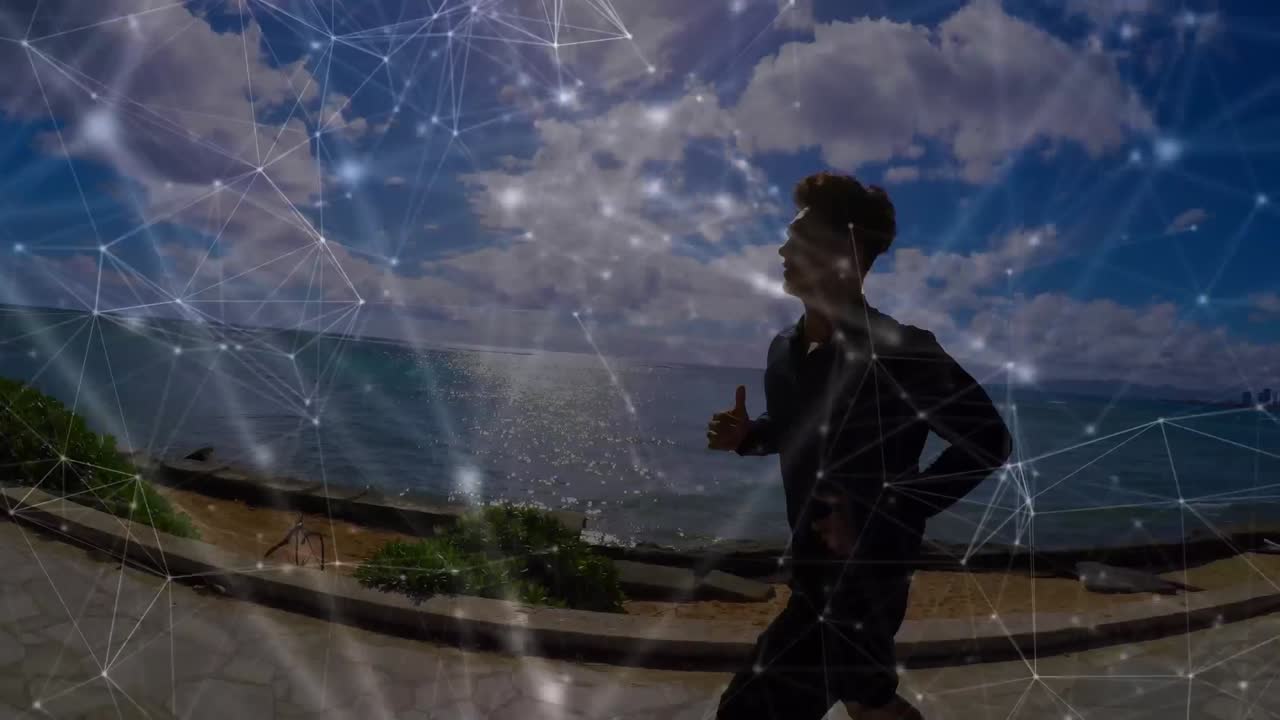 animación de la red de conexiones sobre el hombre caucásico en forma corriendo en el mar