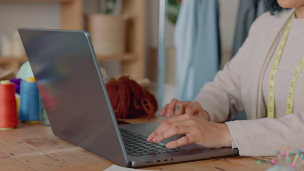 Working, computer and woman fashion designer