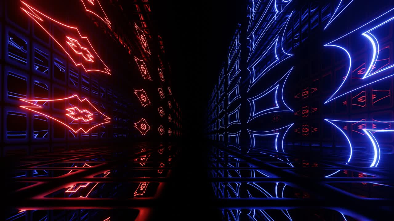 Tunnel fantascientifico neon hi-tech. Linee luminose al neon di tendenza formano motivi e costruzioni in un tunnel a specchio. Volo attraverso il cyberspazio tecnologico. Linee luminose formano un motivo fantascientifico. Sfondo 4K 3D in loop continuo.