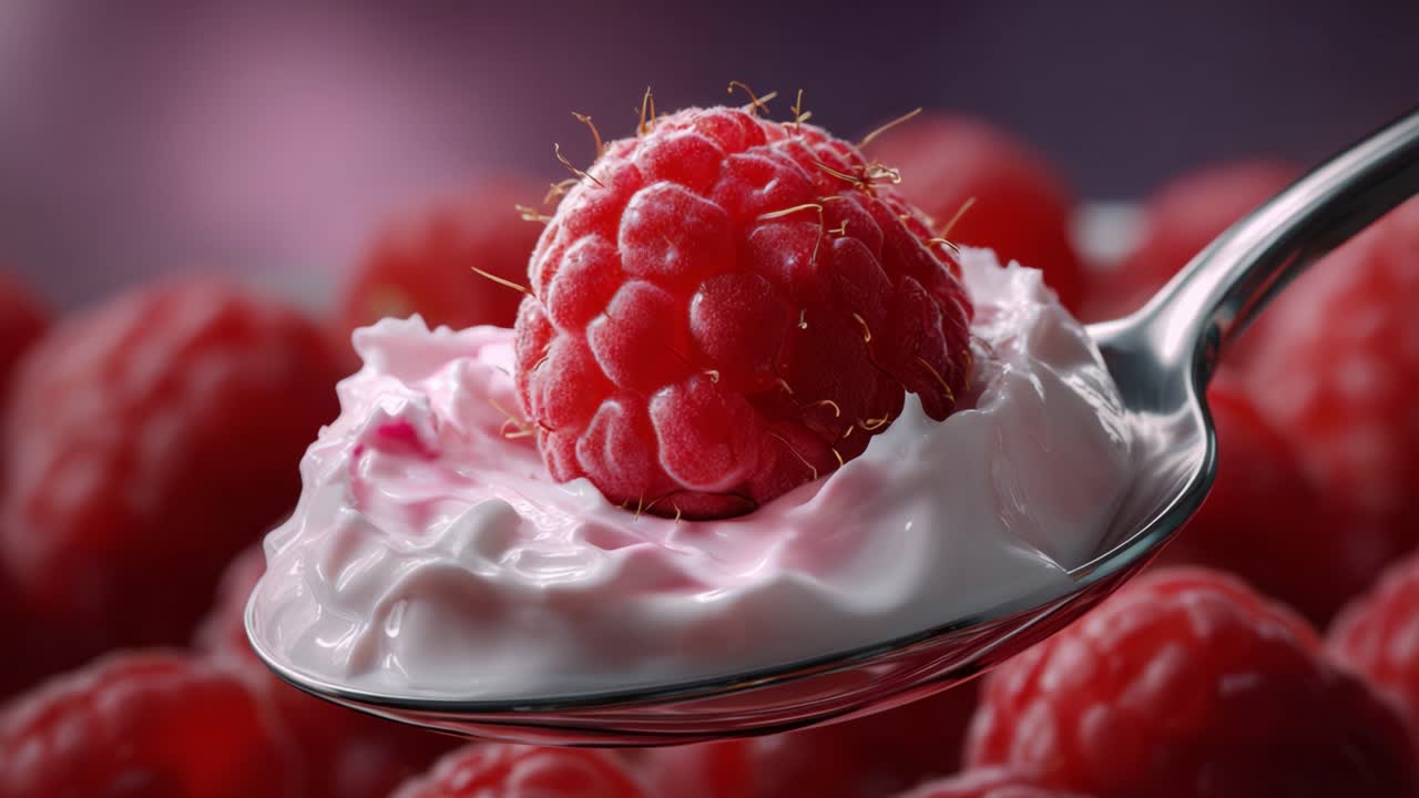 Delicious Fresh Raspberries on a Spoonful of Creamy Yogurt - A Tempting Treat for Your Taste Buds, Perfectly Captured in Two Stunning Close-Up Frames