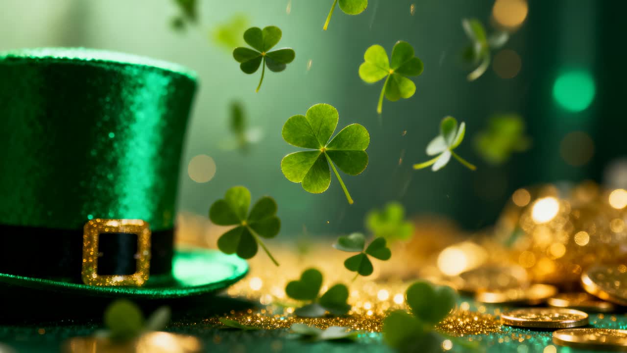 Entering shamrock leaves from above falling over green hat and coins on glittered table, copy space