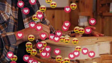 woman carving wooden instrument body in workshop, showing education with floating heart icons