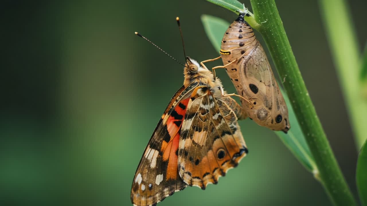 Metamorfosi Trasformativa: Uno Splendido Primo Piano di una Bellissima Farfalla che Emerge dalla sua Crisalide su un Vibrante Stelo Verde